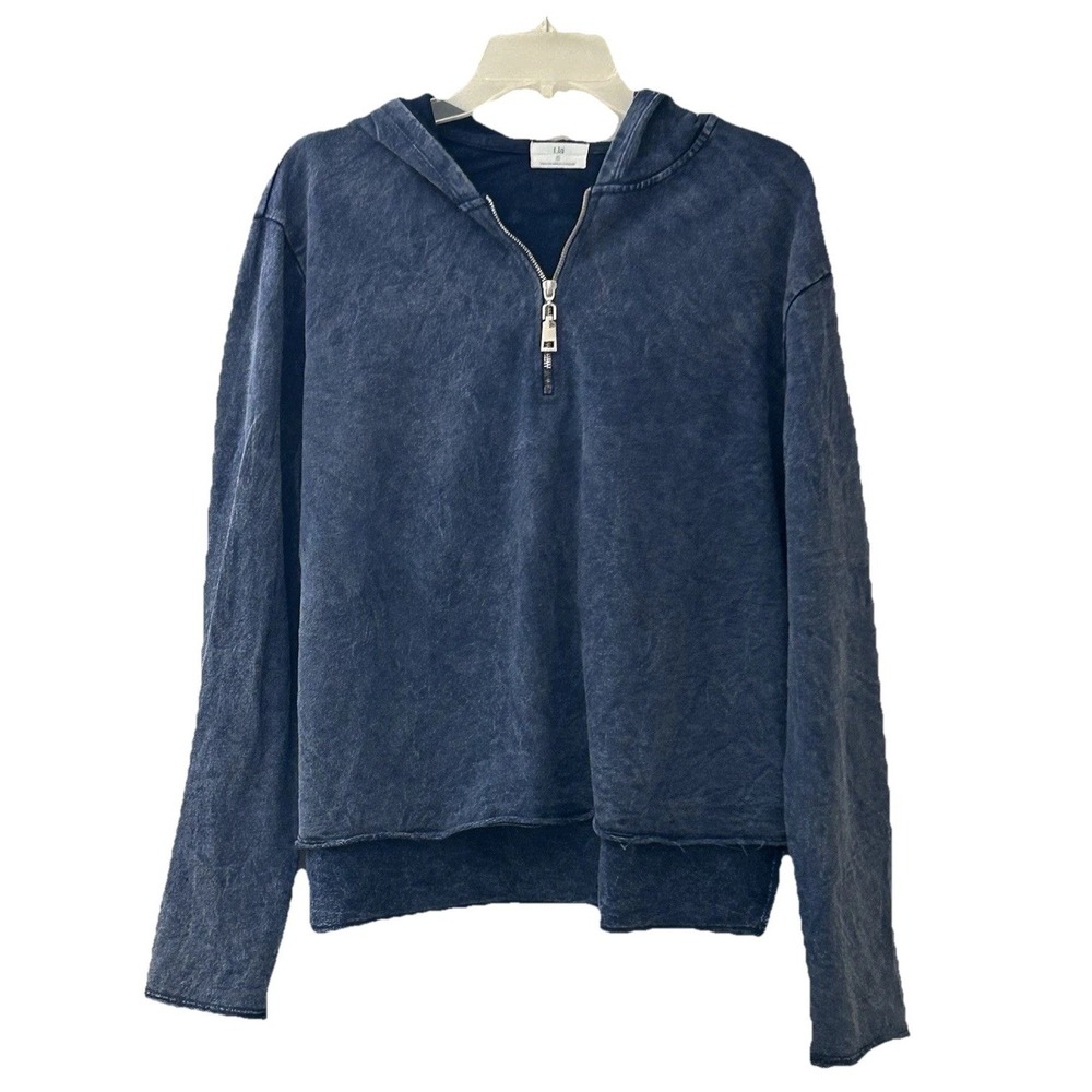 Anthropologie t.la Acid Wash Navy Blue Quarter Zip Hoodie Raw Hem Large